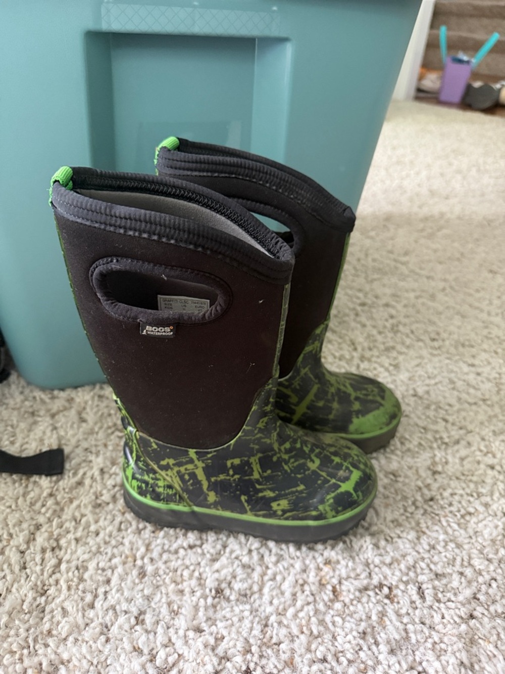 Bogs Kids Black and Bright Green All-Weather Pull-On Rain Boots
